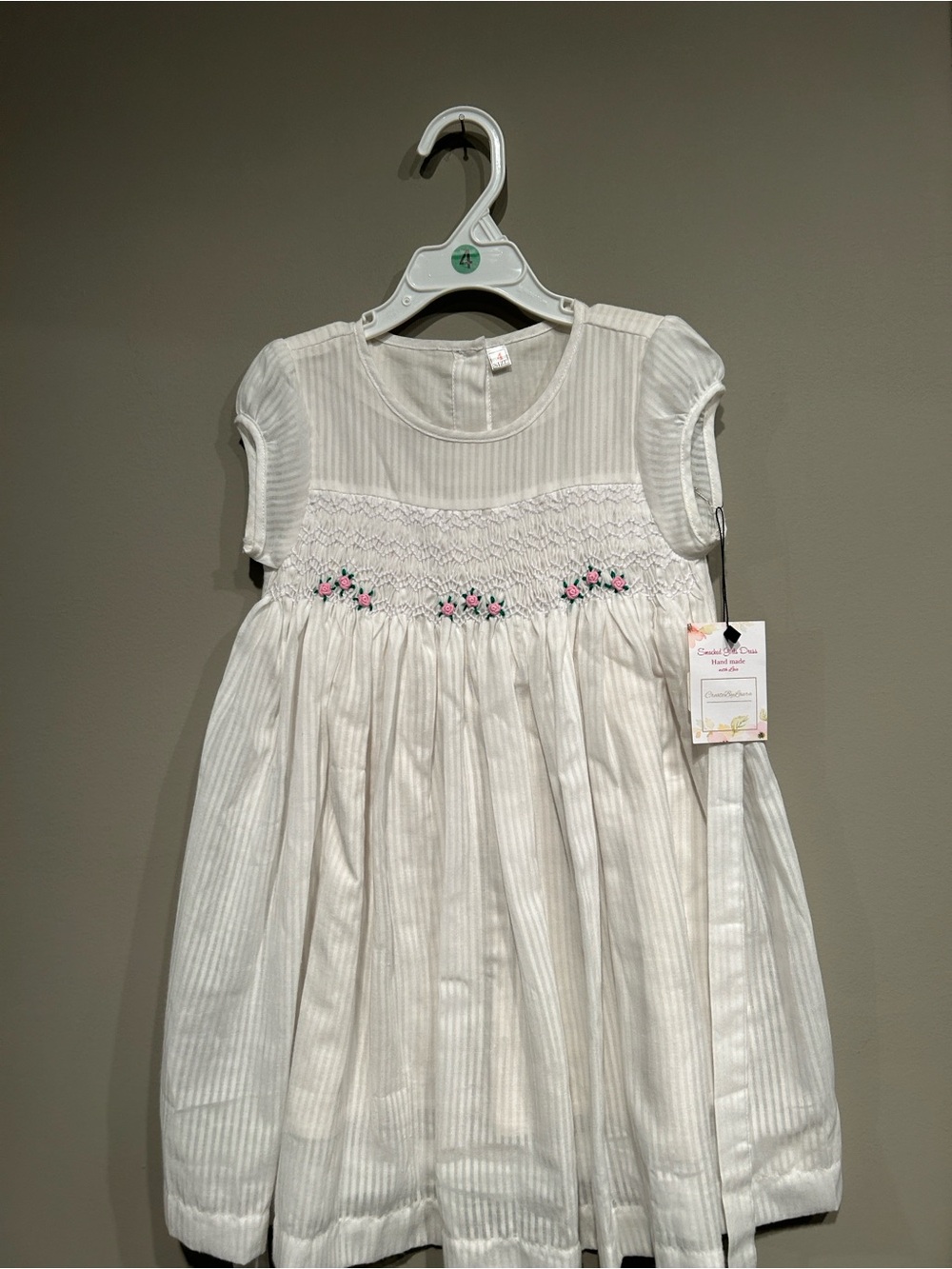 White Smocked Girls Dress with Pink Floral Embroidery